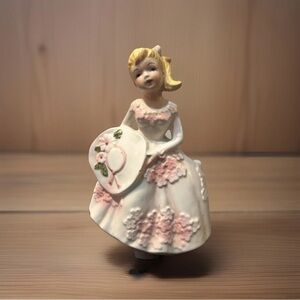 Vtg Lefton Planter Figurine Southern Belle 7” Pink Floral Dress Hat Bow MCM Boho